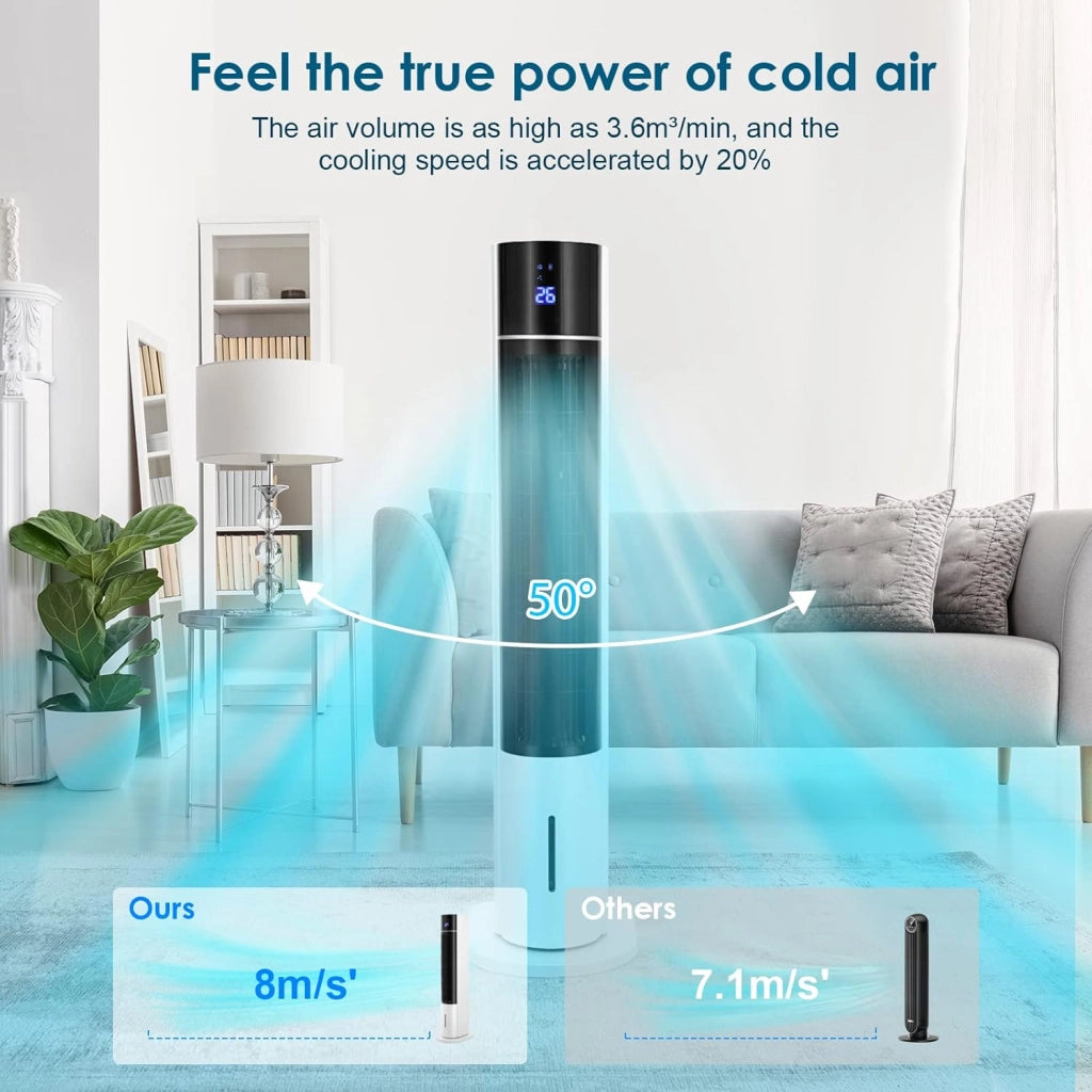 Ventilatore a Torre da 104 cm con Telecomando e Raffreddamento ad Acqua, 4 In 1 con Raffreddamento Umidificazione, Oscillazione di 50°, Timer 12 Ore, Silenzioso per Camera da Letto, Soggiorno