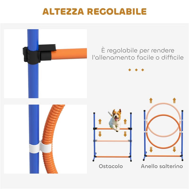 SET AGILITY DOG CON ANELLO E BARRA PER SALTO, PALETTI SLALOM, FISCHIETTO, PALLINE E BORSA, ARANCIONE