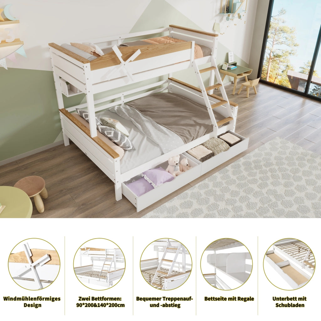 Letto a Castello 90x200 cm e 140x200 cm con Regali; Scala Obliqua; Cassetti
