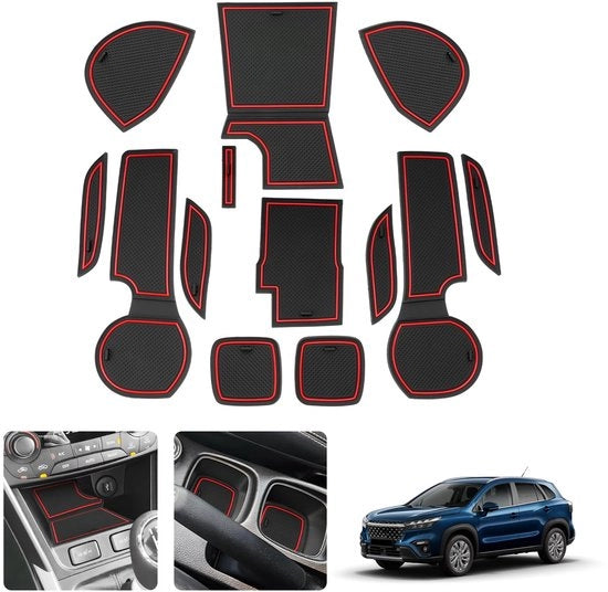 Accessori per Suzuki S-Cross III 2022-2024 2025 
Box di stoccaggio per opuscoli
Matte antislip in gomma per sedili
Console centrale con mattonelle antislip
Sostegno per bicchiere con mattonella antislip
(Rosso)