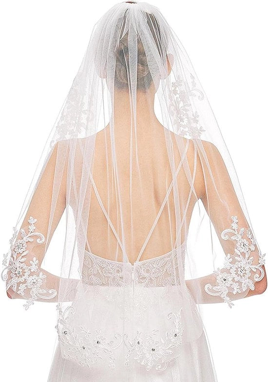 Sposa breve con applicazioni di strass e bordure di fiori - lunghezza con manico a gomito