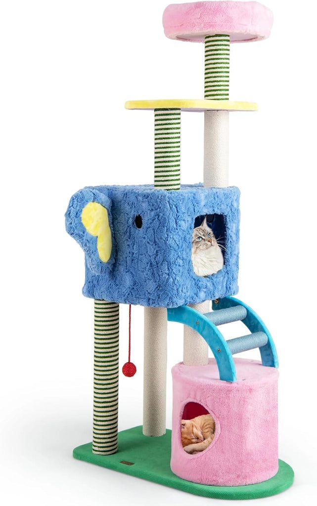 Albero per Gatti a Tema Elefante, Albero Tiragraffi per Gatti con Condomini, Ripiano Imbottito, Pali da Graffiare, Giocattolo in Peluche, Piattaforme e Cuscino Rimovibile, Cat Tree per Interno