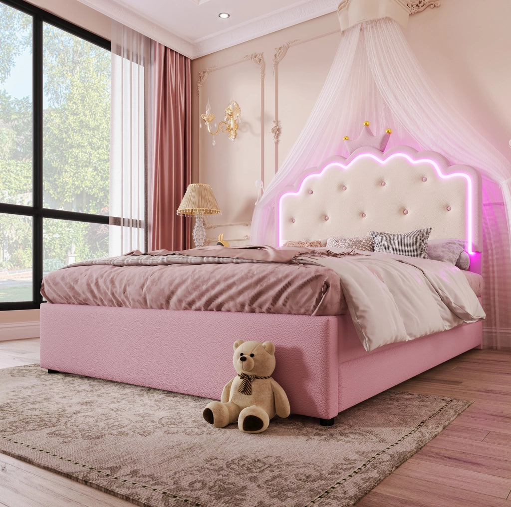 Letto 140x200 cm rosa – LED, letto estraibile e 2 cassetti, senza materasso