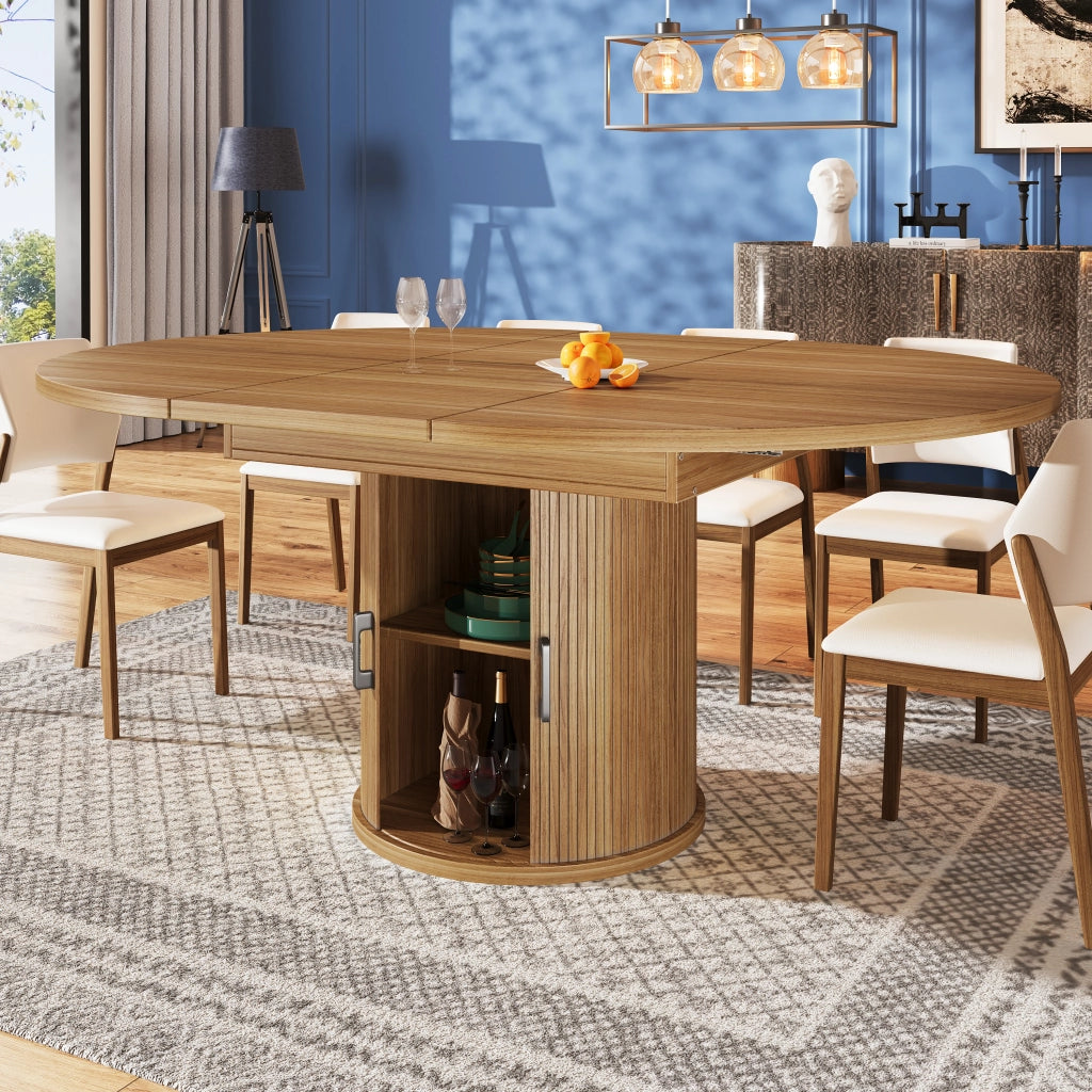 Tavolo da pranzo allungabile con piano estraibile e vano contenitore a due livelli per cucina e soggiorno in MDF noce
