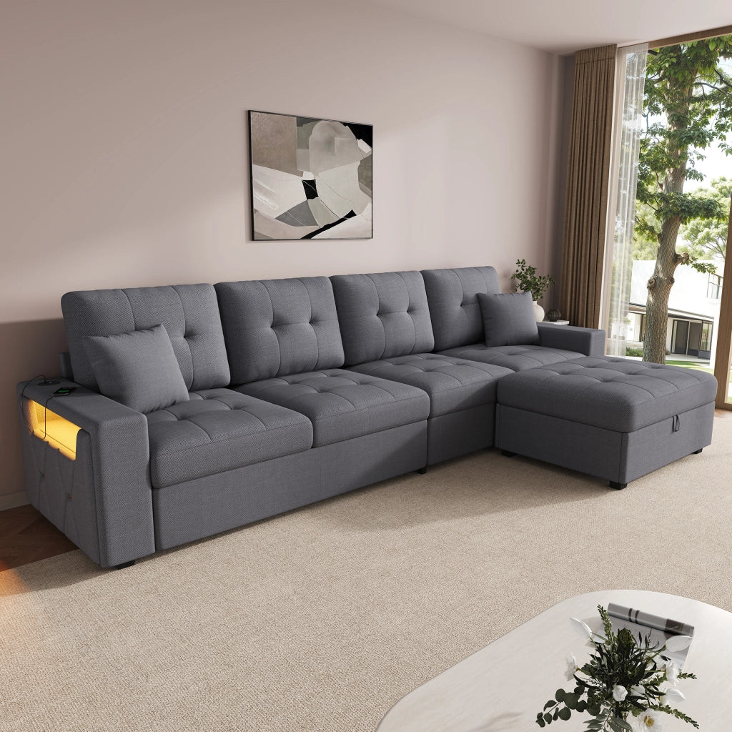 Divano angolare modulare 4 posti con pouf contenitore, LED e porte USB e Type-C in lino grigio antico