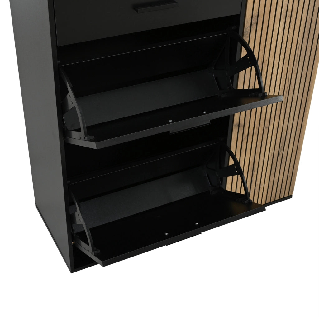 Set ingresso 5 pezzi con armadio scarpe; panca; specchio e appendiabiti; rovere naturale e nero