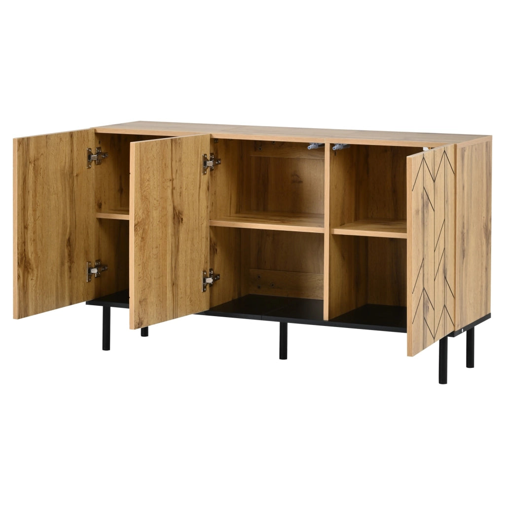 Credenza, mobile a tre ante, pannelli in truciolato, gambe di sostegno in metallo, colore legno naturale