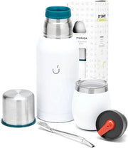 Set di Yerba Mate da 6 pezzi - Tazza di Mate argentata - Inclusa bombilla e termos - Stopper per Mate - Tazza di Yerba Mate bianca