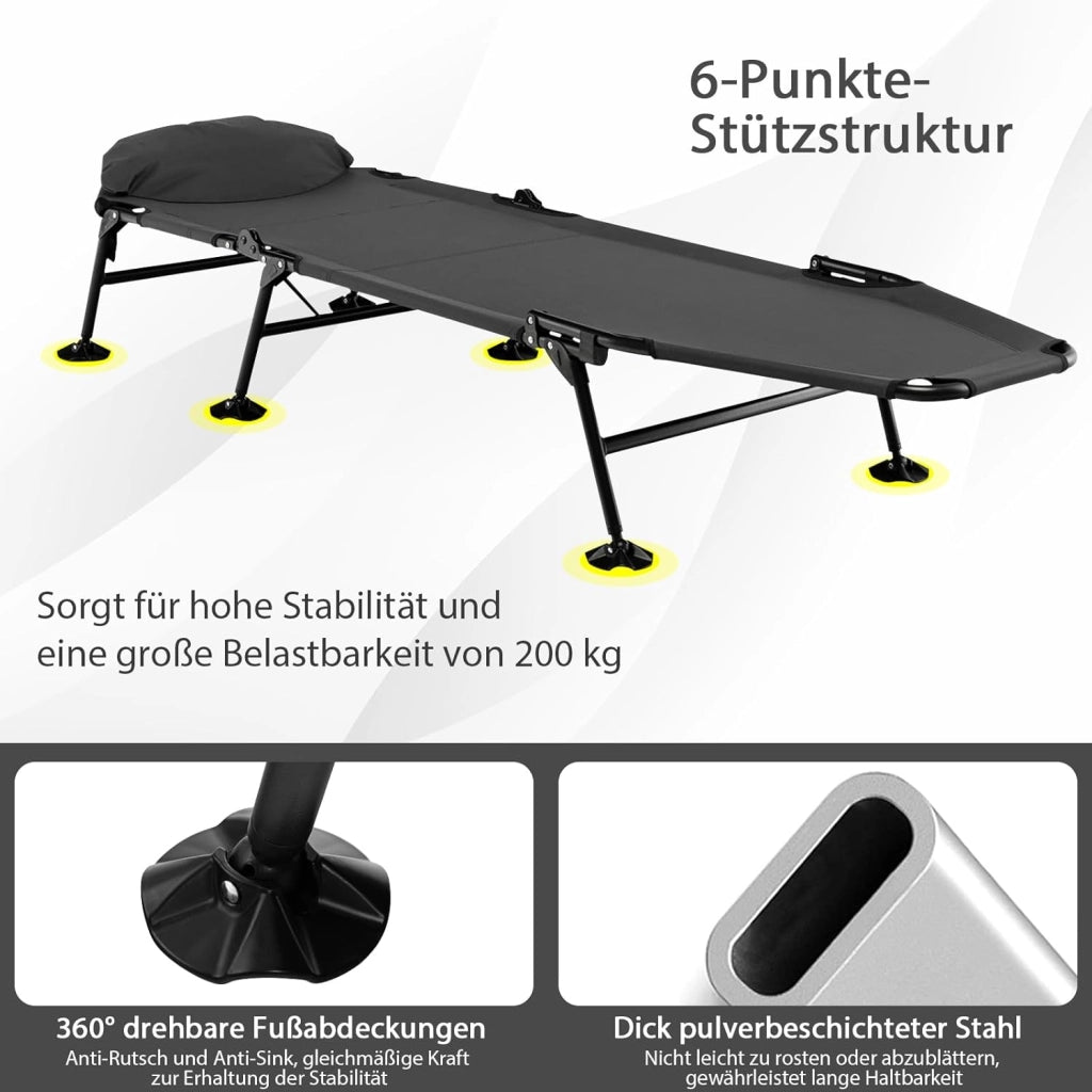 SOARS Sdraio pieghevole alla carpa con schienale regolabile in 6 posizioni, cuscino e materasso, lettino da campeggio a 6 gambe con grandi piedi di fango fino a 200 kg, portata 194 x 66 x 29 cm