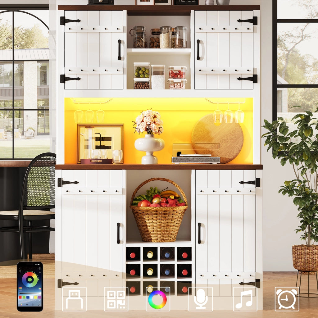 Credenza alta con LED RGB, 2 ante e vano aperto, ripiani regolabili, per cucina e soggiorno, bianco, 120 × 40 × 180 cm