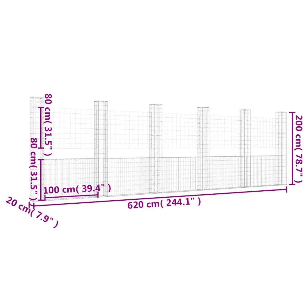 Gabbione a U con 6 Pali in Ferro 620x20x200 cm 151293