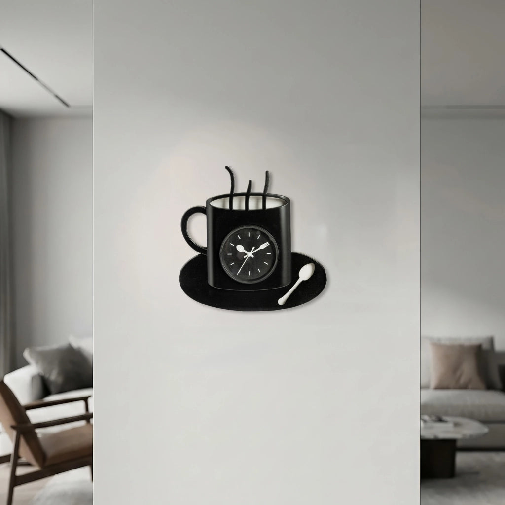 Orologio da Parete Tazza Caffè 29,5x29,5 cm Design Moderno Nero con Tazzina e Cucchiaino Decorativo per Cucina Bar Sala Colazione