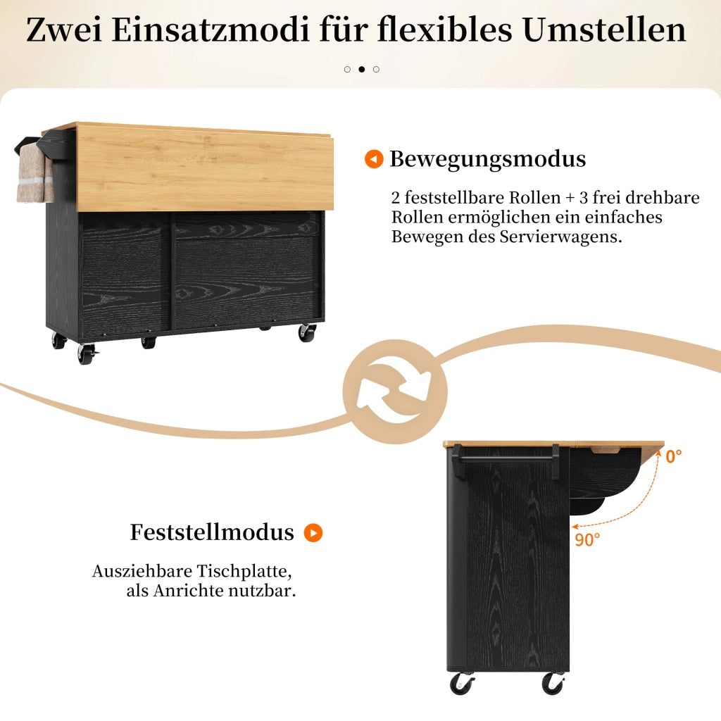 ISOLA CUCINA 130x45(75)x92 cm in MDF Nero con ruote