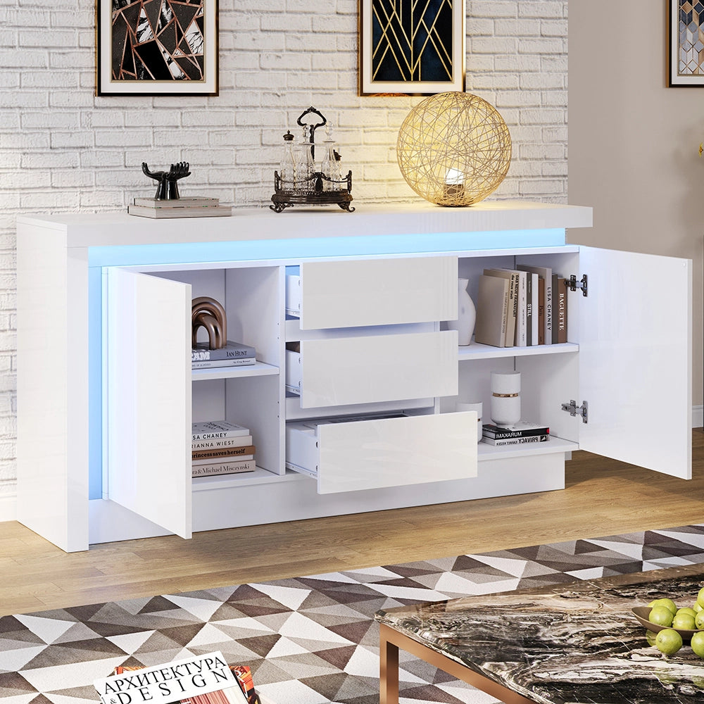 Credenza 140x35x72cm - Xylo - 3 Cassetti e 2 Ante Lucide con LED, Bianco