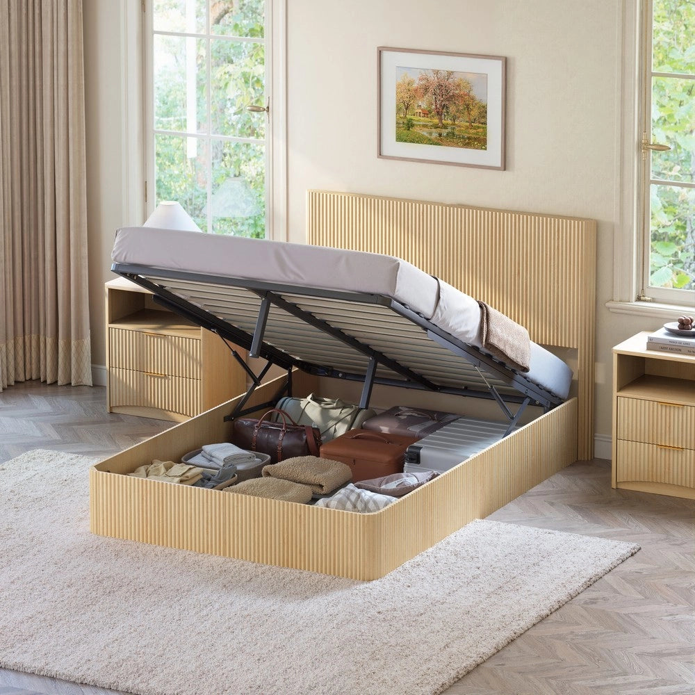 Letto Contenitore con Sollevamento Idraulico ¨C MINIMAL ¨C Rovere Chiaro, Doghe Massello, 140x200