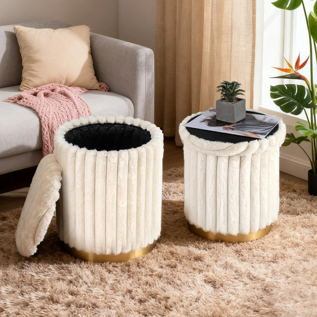 Set moderno di 2 pouf rotondi con rivestimento in pelo di coniglio, Moderno morbidi poggiapiedi imbottiti per soggiorno-Sgabelli