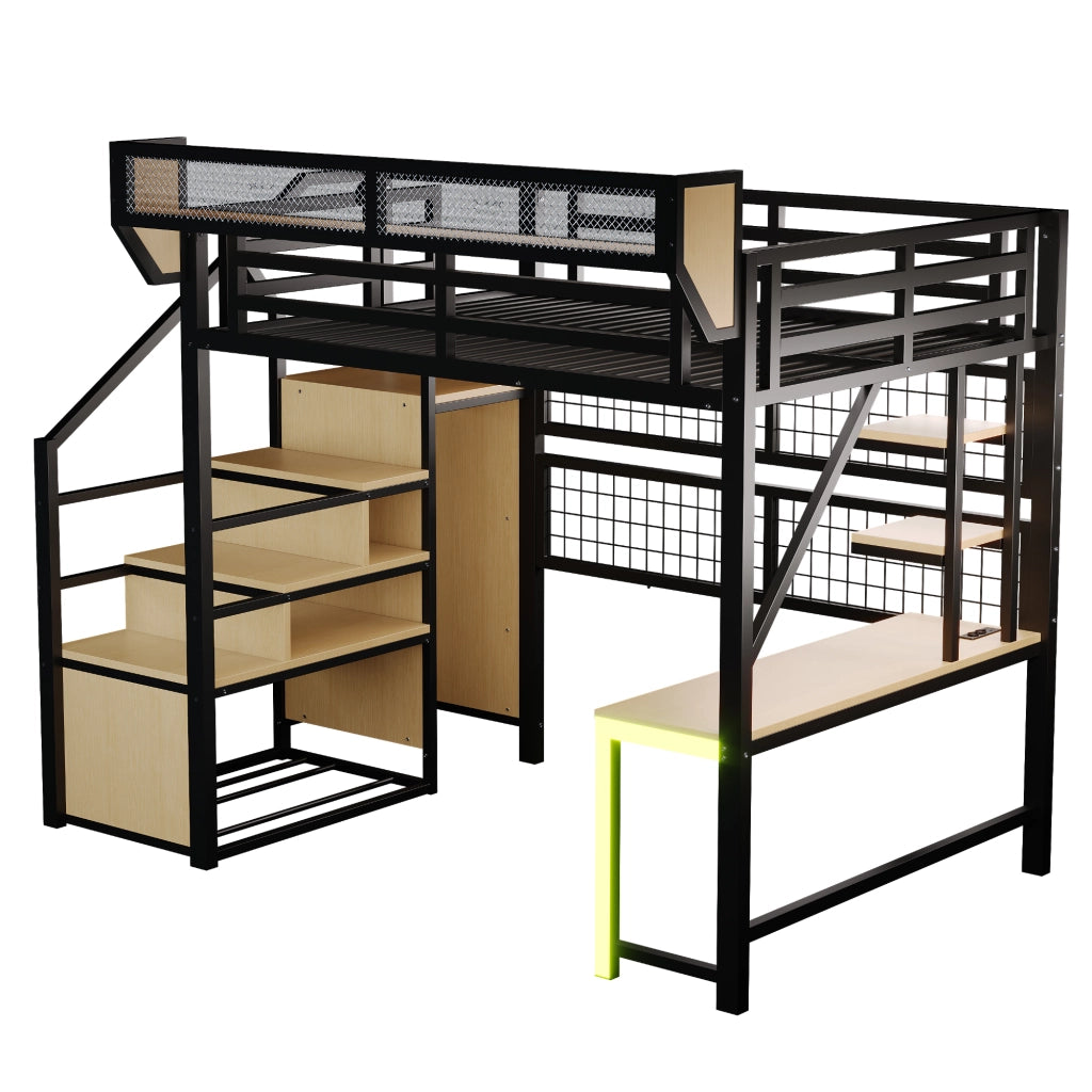 Letto a soppalco in metallo 140 x 200 cm con scrivania, scaffali, rete portaoggetti, scala di sicurezza, LED e presa, nero