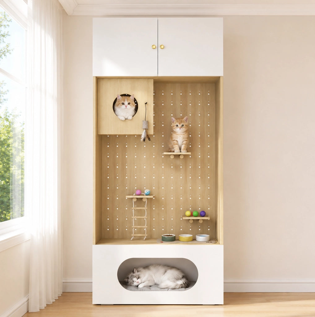 Mobile per gatti multifunzione con parete da arrampicata e vano contenitore 90x50x200 cm bianco effetto legno