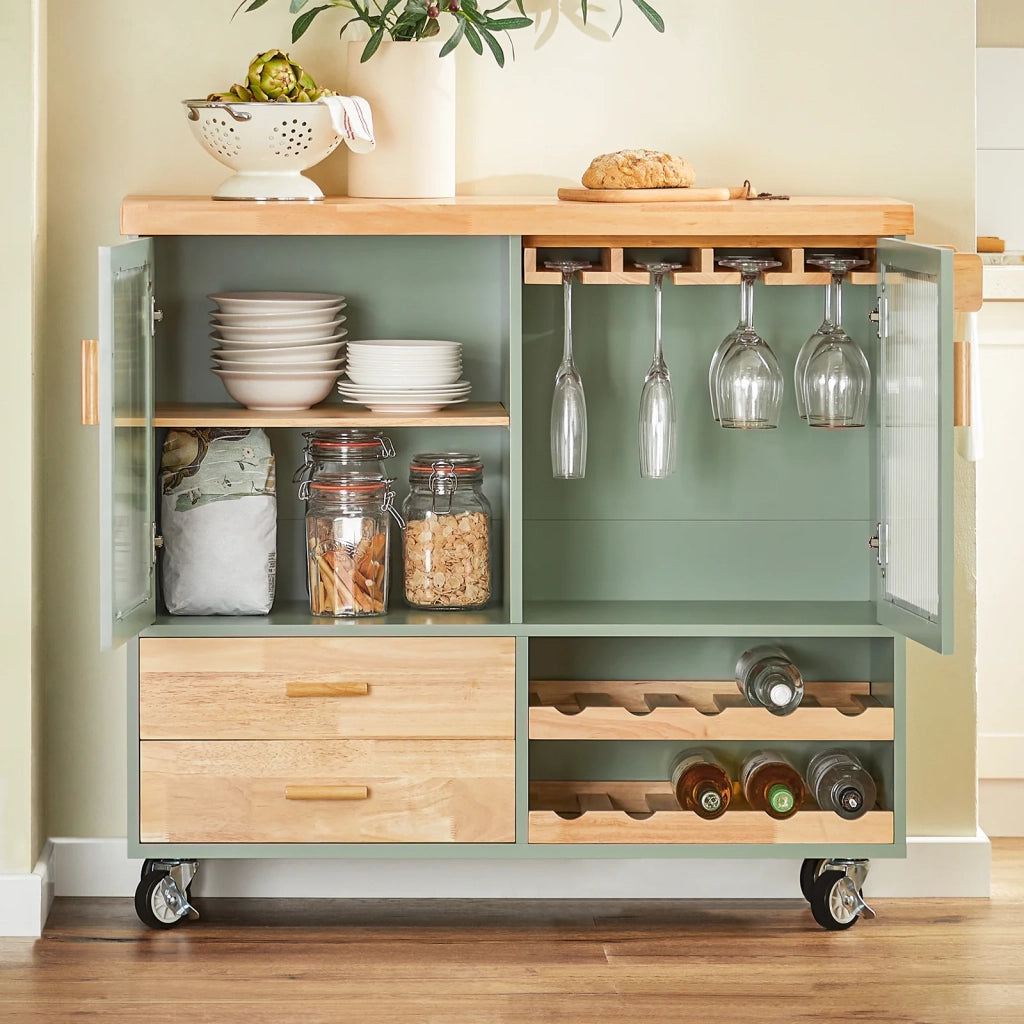 Carrello Cucina Con 2 Ante In Vetro Mobile Cucina Credenza Con Ruote 109x38x92cm Verde FKW114-GR SoBuy