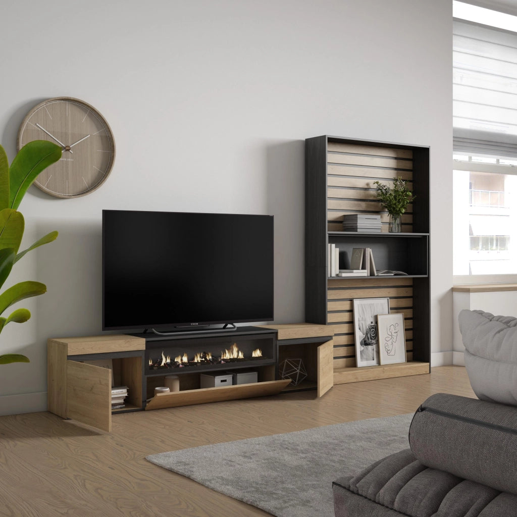 Mobile TV, Soggiorno, 310x35x186cm, Per TV fino a 80", Camino elettrico, colore Rovere e nero RF2864