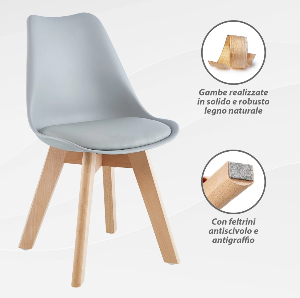 Set 4 Sedie Sala Da Pranzo Ufficio Con Gambe In Legno Di Faggio Schienale Ergonomico Seduta Imbottita In SimilPelle Sedia Cucina Soggiorno Sala Attesa Eleganti Moderne Robuste Solide - Grigio
