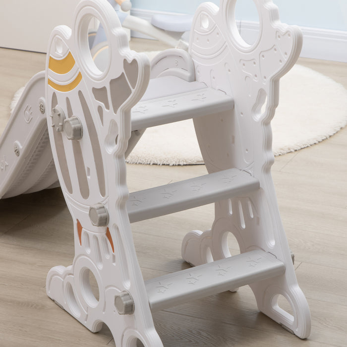 Scivolo per Bambini 18-36 Mesi 157x46.5x80 cm a Tema Spaziale con Scale Antiscivolo in PE e PP Grigio e Bianco