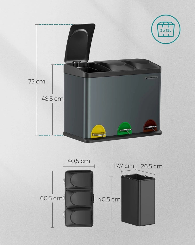 SONGMICS Cestino da Cucina, Pattumiera per Riciclaggio, Pattumiera Tripla a Pedale, in Metallo da 45 Litri, per Raccolta Differenziata, 3 x 15L, con Coperchio, Acciaio, Grigio Verdastro LTB45G