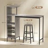 Set tavolo da pranzo alto con 2 sedie da bar, con ripiani e portabottiglie, Legno naturale