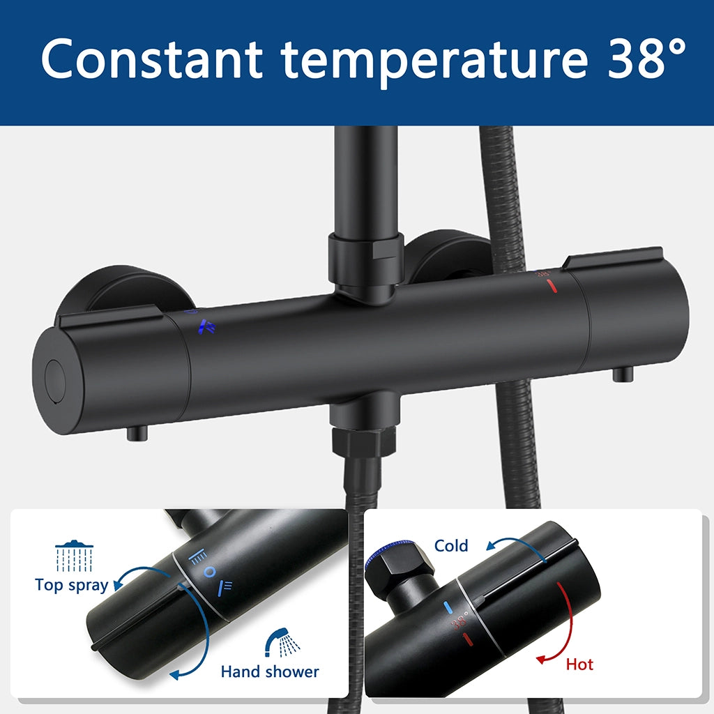 AICA Colonna doccia con miscelatore termostatico, rubinetto doccia cilindro 28x4cm, soffione doccia rotondo 20x20cm in acciaio inox nero