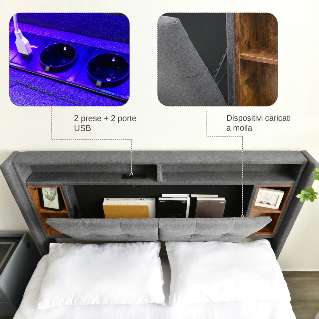 Letto matrimoniale imbottito 160x200 cm con LED; USB; presa; testiera contenitore e rete; grigio