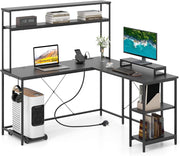 Scrivania per computer a forma di L convertibile con LED, ripiani aperti e supporto per monitor, gancio laterale, stazione di ricarica, 145 x 145 cm, per ufficio, studio (nero)