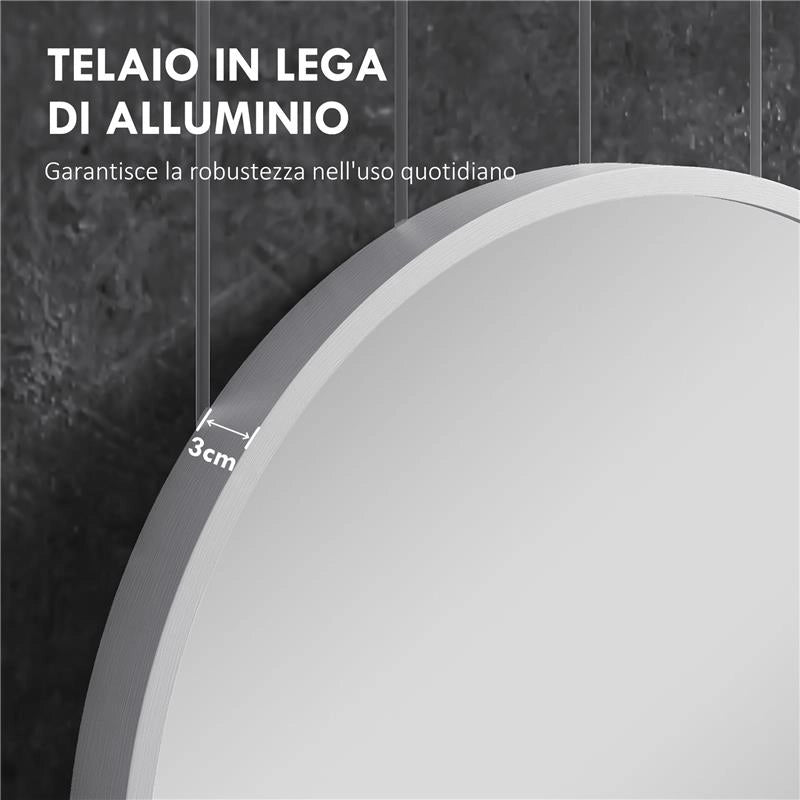 SPECCHIO BAGNO OVALE DA PARETE CON CORNICE IN ALLUMINIO, VERTICALE O ORIZZONTALE, 60X90 CM, ARGENTO