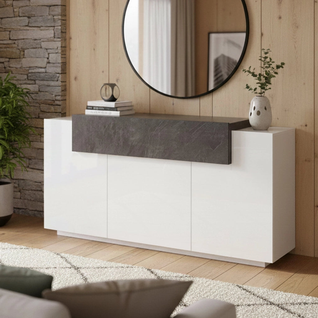 Credenza moderna a 4 ante con Aschly, Made in Italy, Madia da cucina, Buffet di design da soggiorno, cm 160x45h86, colore Bianco lucido e Grigio Cenere