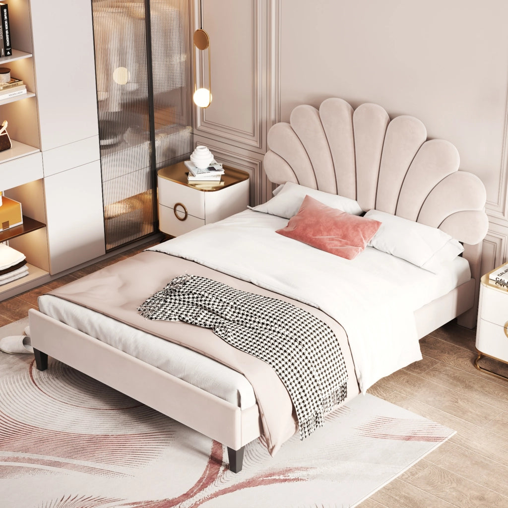 OKWISH Letto Imbottito 140×200 cm, Letto Matrimoniale con Testiera a Fiore, 12 Doghe e Imbottitura, senza Materasso, Beige