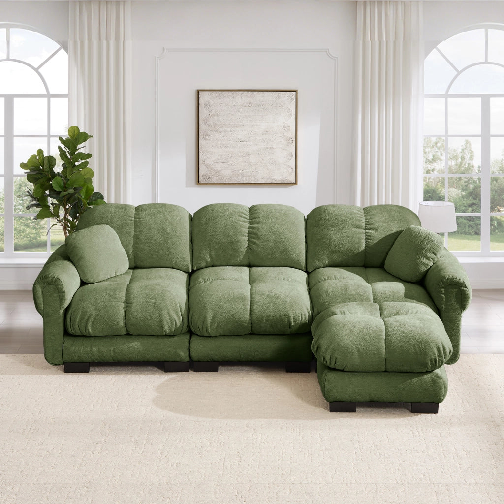 Divano angolare modulare 3 posti con chaise longue mobile e cuscino lombare per soggiorno in chenille verde