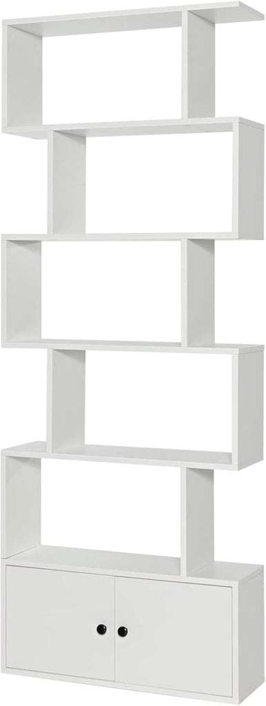 Libreria Scaffale in Legno, Libreria Verticale a 5 Livelli, Forma di S, Divisorio per Stanza con 2 Ante, per Soggiorno, Camera da Letto, 70 x 23 x 183 cm (Bianco)