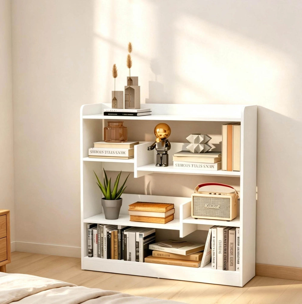 Libreria moderna bianca in truciolato E1, 90x24x91 cm, con 4 ripiani regolabili