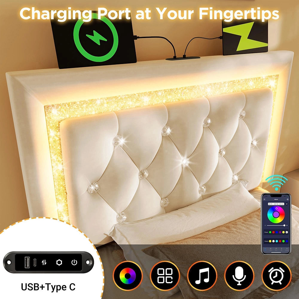Letto imbottito-Xylo-90x200cm LED diamante USB-C idraulico velluto beige con materasso