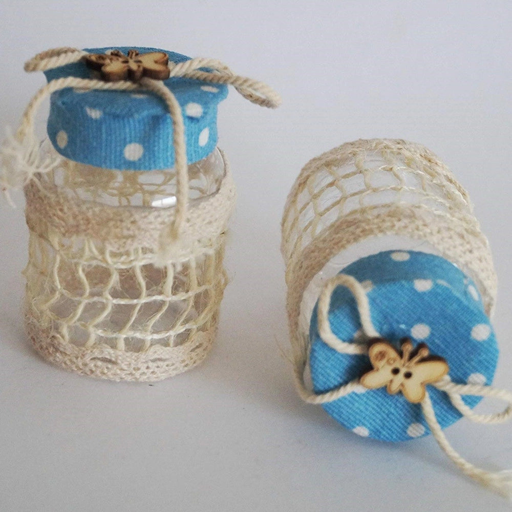 Trade Shop - Set 12 Bomboniera Bomboniere Barattolo Azzurro Pois 4x6.5cm Portaconfetti -