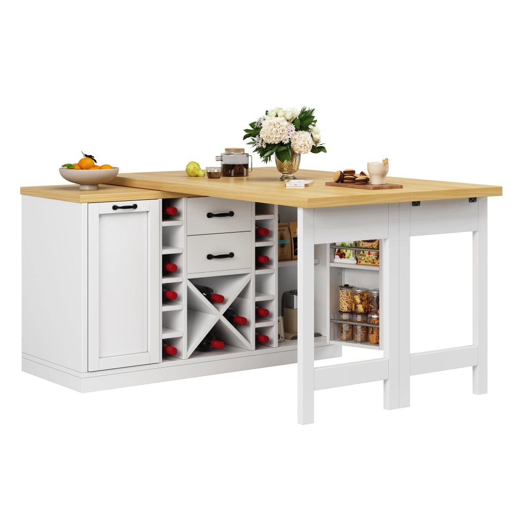 Mobile contenitore con 2 cassetti; portabottiglie e supporto pattumiera per cucina in MDF e metallo bianco