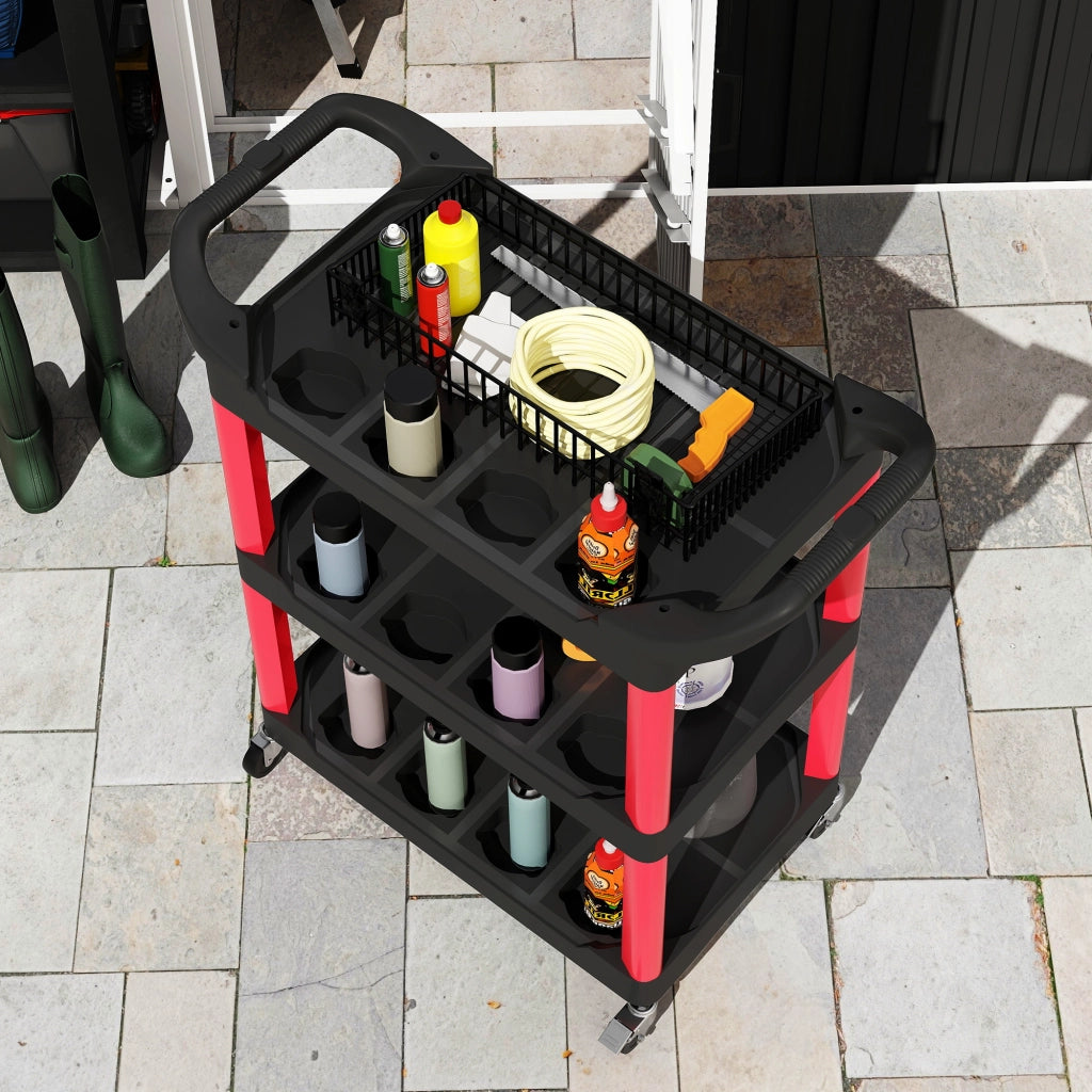Carrello Porta Attrezzi a 3 Livelli 83x43x97 cm Capacità 91 kg 3 Livelli con Ruote in Plastica Rosso