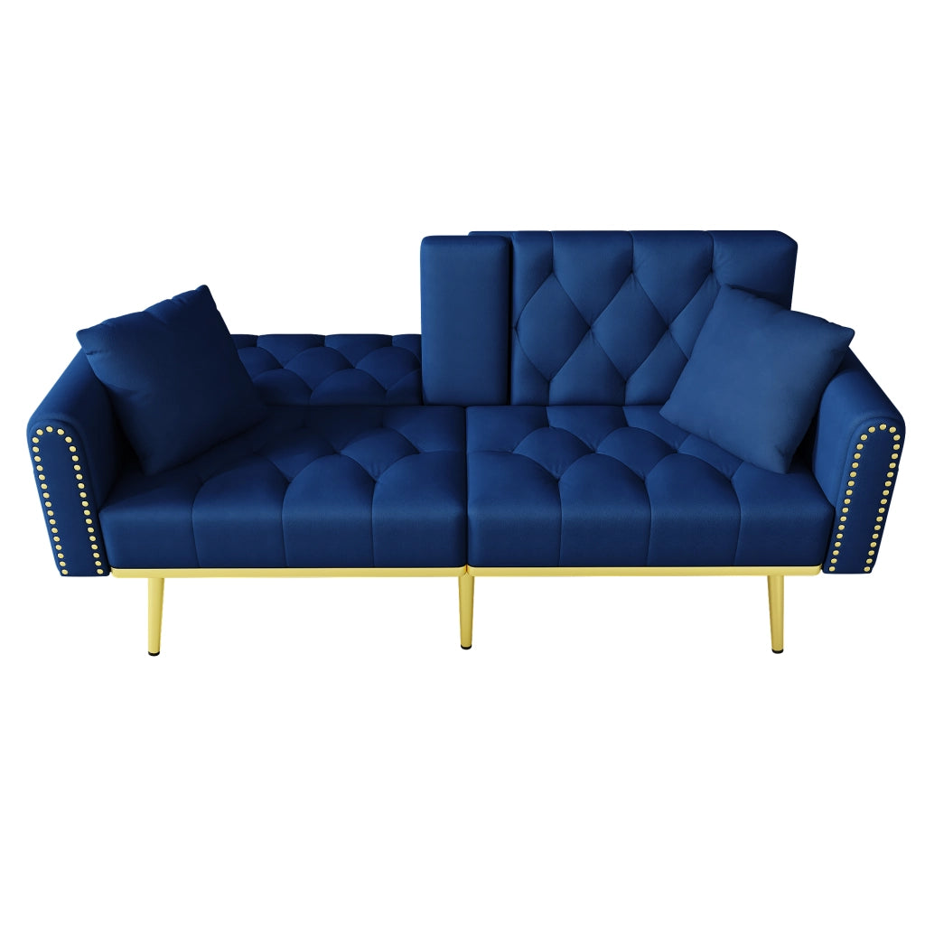 Divano letto 2 Posti con Schienale Reclinabile e Portabicchieri, in Velluto Blu 175 × 80 × 73,5 cm
