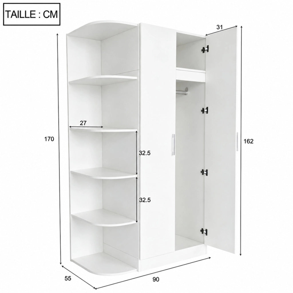 Armadio ULEVR 90x55x170 cm a 2 ante con ripiani e cassetti, MDF bianco