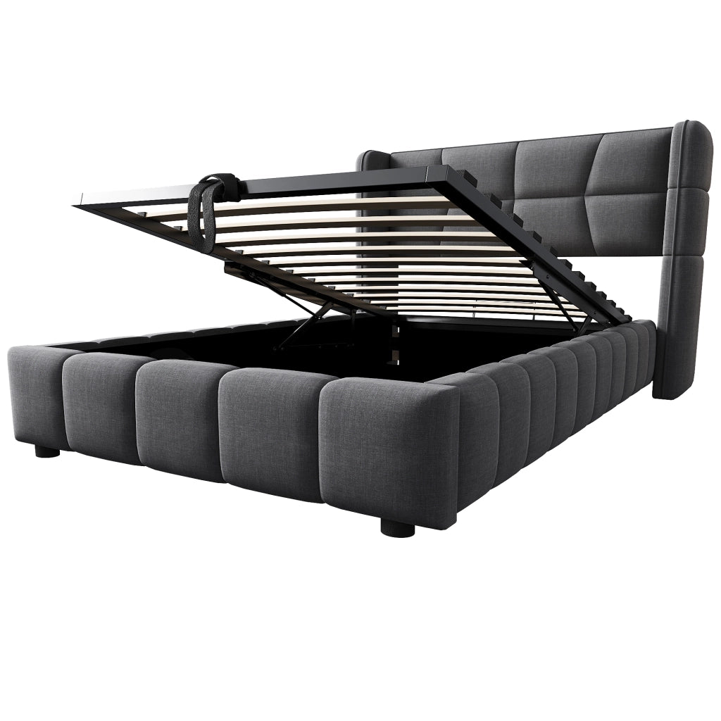 Letto contenitore 90 × 200 cm imbottito con testiera a orecchie e sollevamento pneumatico in lino grigio