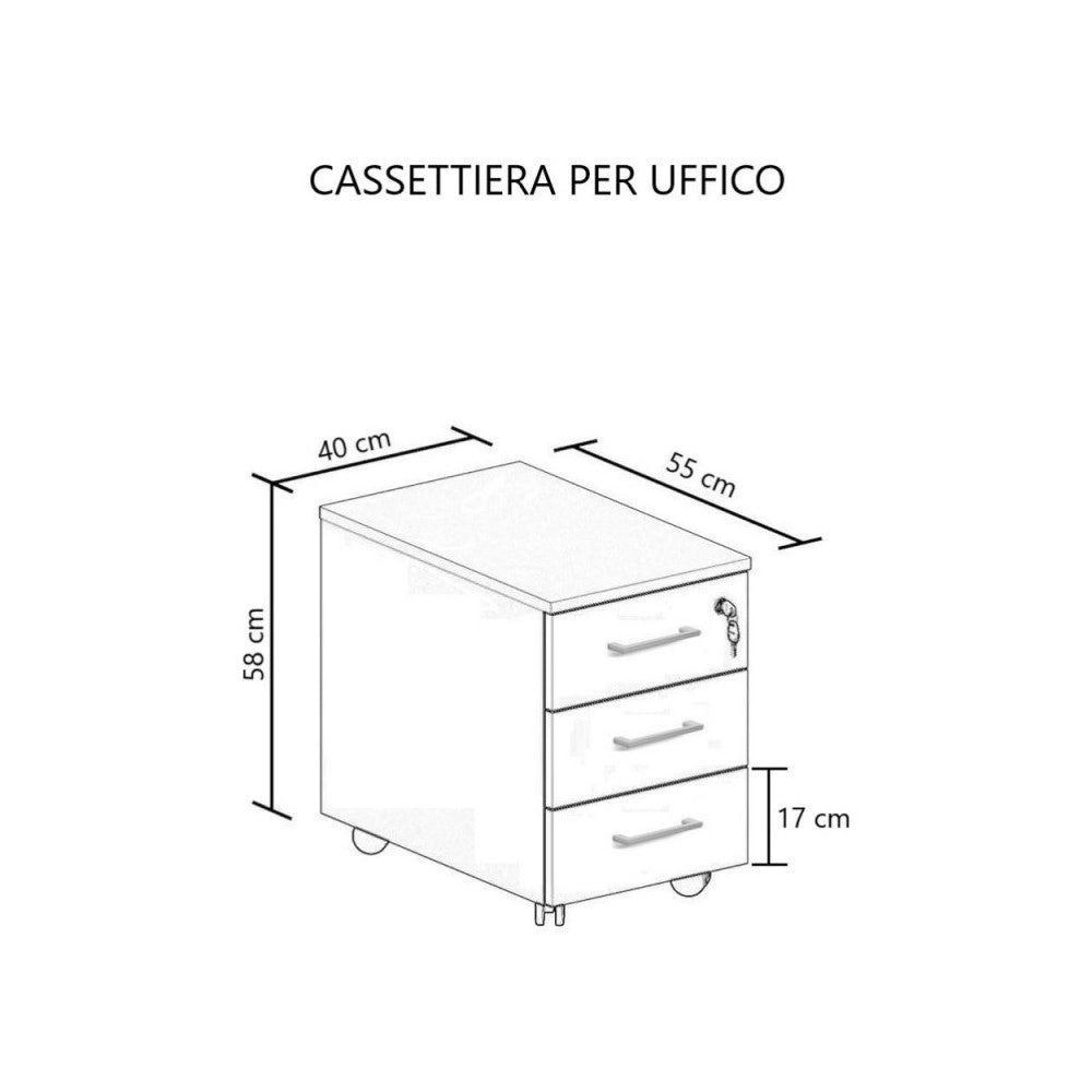 Cassettiera da ufficio 3 cassetti noce naturale e bianco frassinato Ibisco con ruote e serratura 40x55x58H