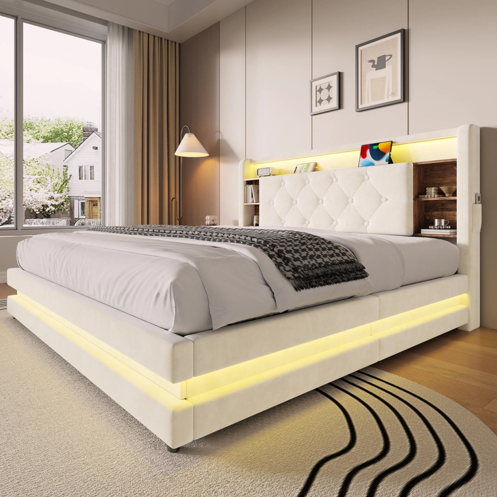 Letto imbottito 140x200 cm con contenitore, LED e porte USB, beige