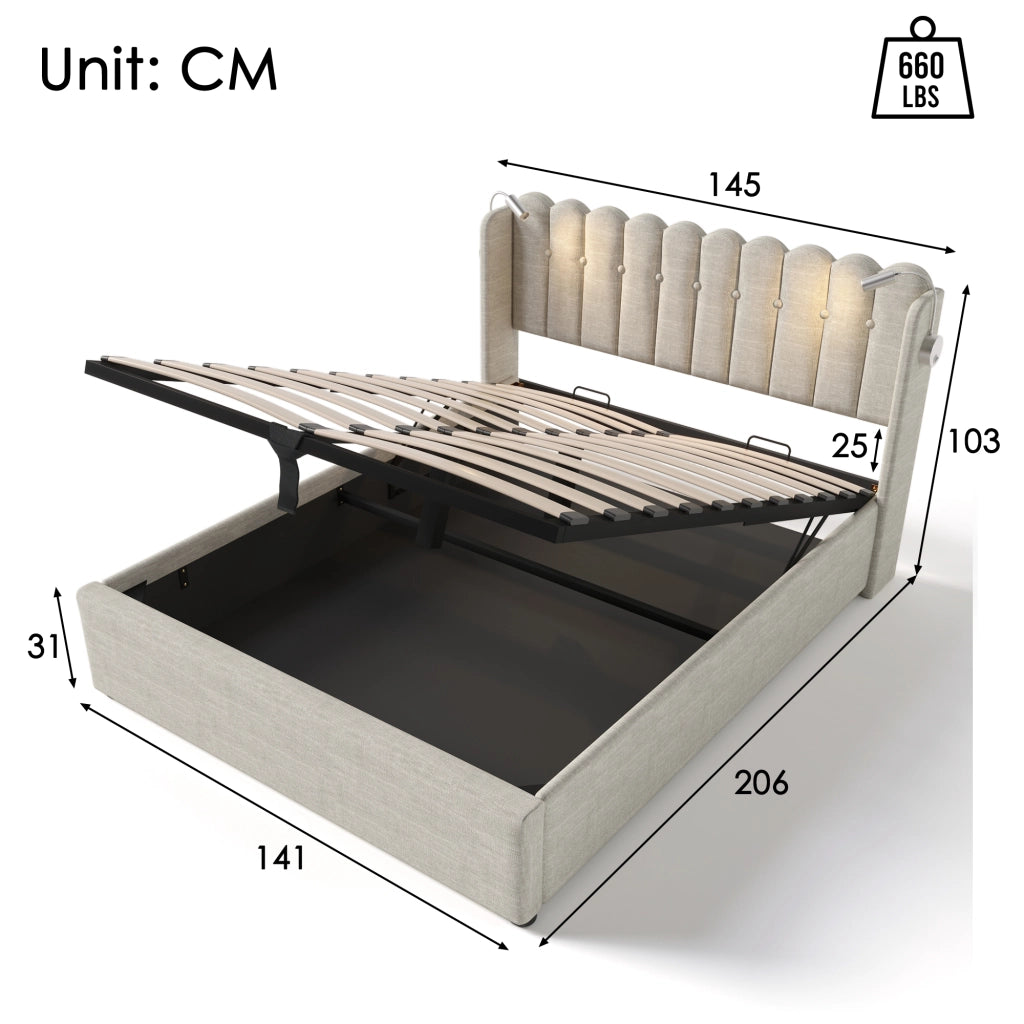 Letto Contenitore Letto Matrimoniale; USB; Luce da Lettura e Vano 140×200 cm; senza Materasso; Lino; Naturale