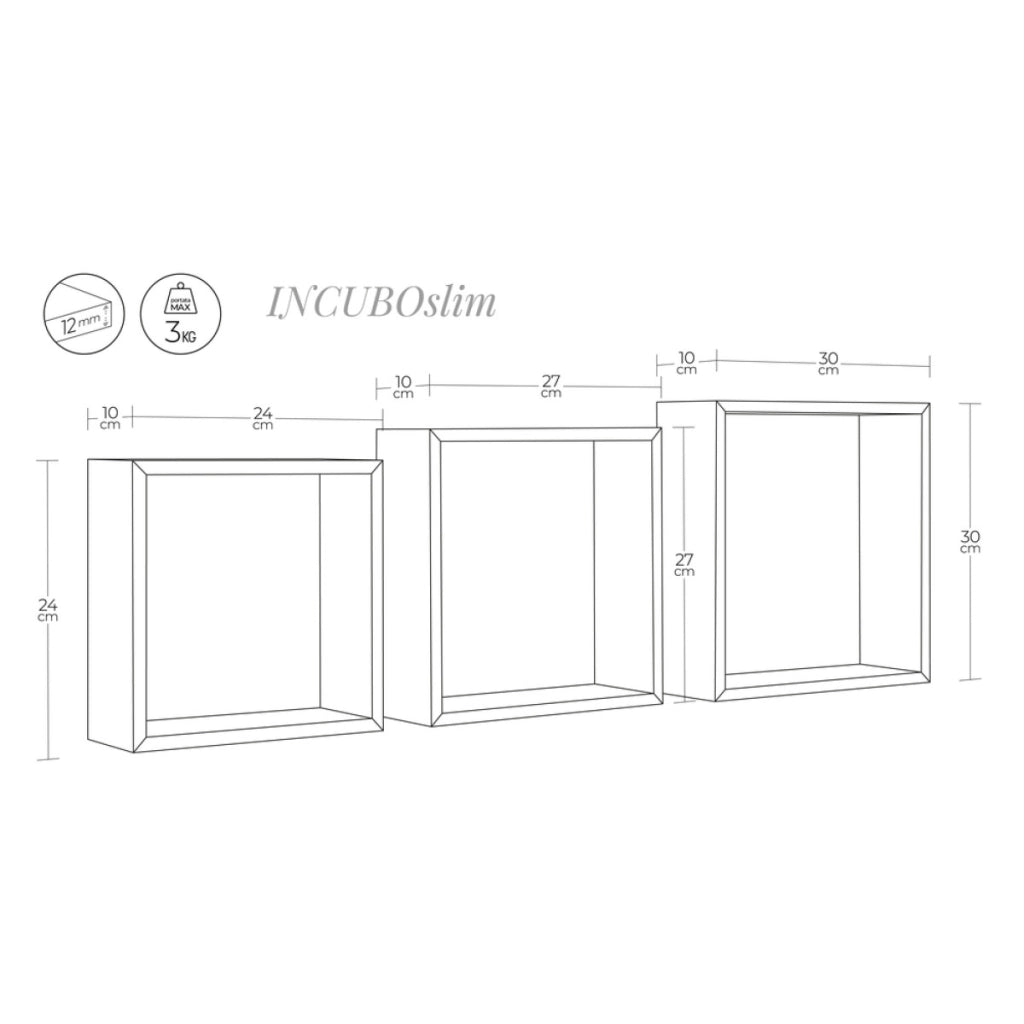Set di 3 Mensole da Muro Modello INCUBO SLIM, Cubi Arredo, Mensole Cubo, Cubi da Parete. Misure 30x30x10cm 27x27x10cm e 24x24x10cm. Finitura BIANCO - MADE IN ITALY