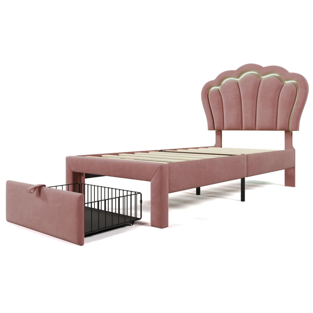 Letto imbottito 90x190 cm LED RGB; testiera regolabile; velluto rosa (Senza materasso)