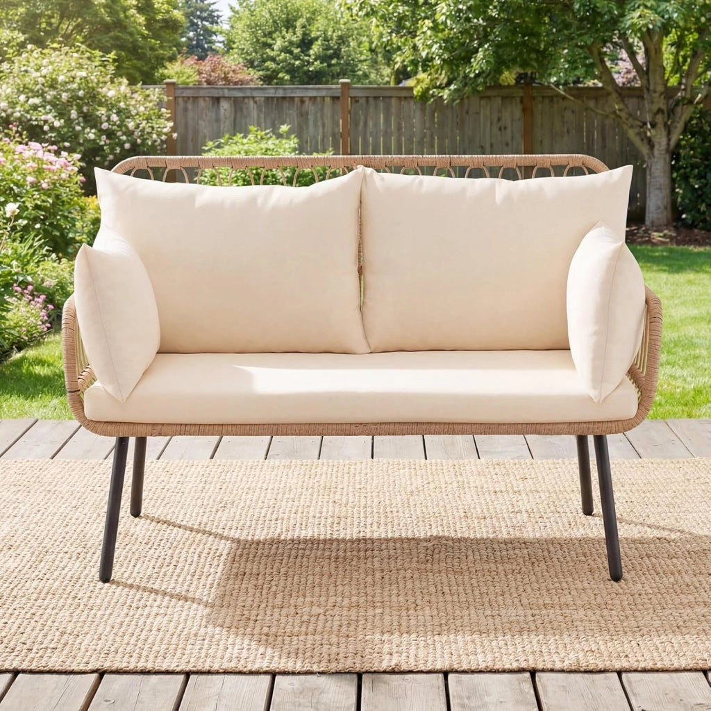 Divanetto da Giardino 2 Posti, Divano da Esterno in Rattan con Cuscini Morbidi e Piedini Regolabili, Portata 300 kg, Panca da Giardino per Terrazza e Bordo Piscina, 118 x 62 x 81 cm